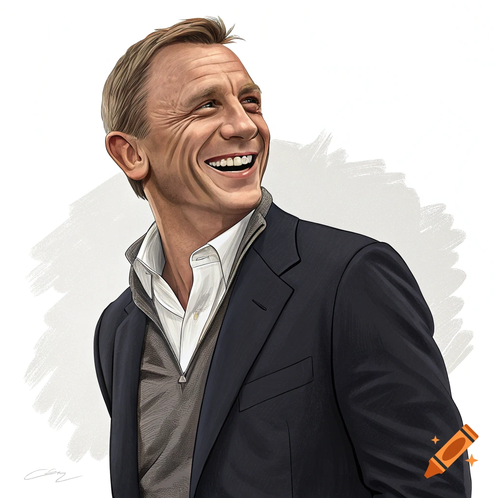 Smiling caricature portrait of Daniel Craig in a suit jacket and sweater over a white shirt on a white background.
