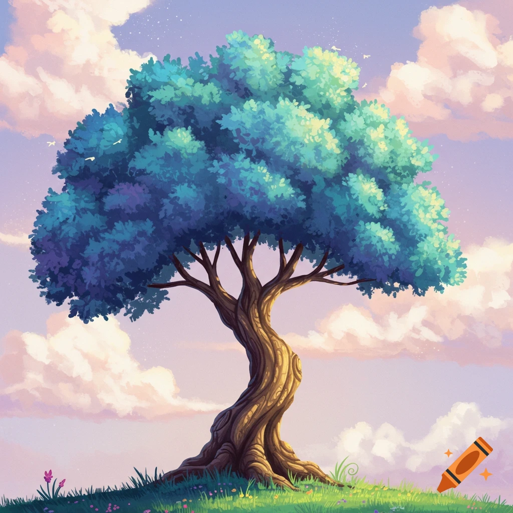 A twisted tree stands on a grassy hill under a cloudy sky.