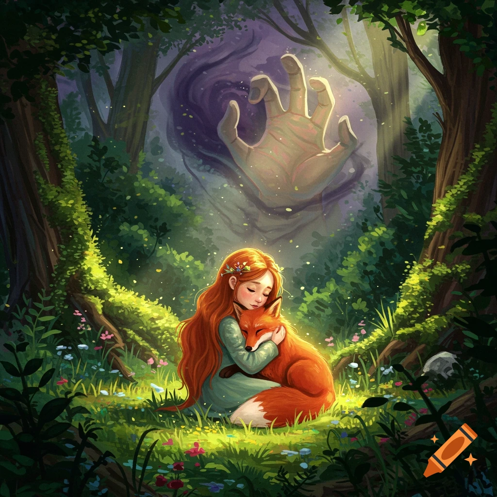A girl hugging a fox in a forest under an ominous hand in the sky