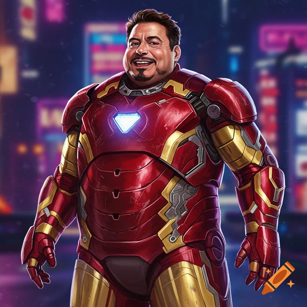 An obese Iron Man suit stands in a futuristic city.