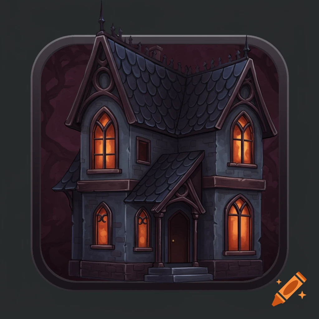 Stylized gothic house icon with glowing windows