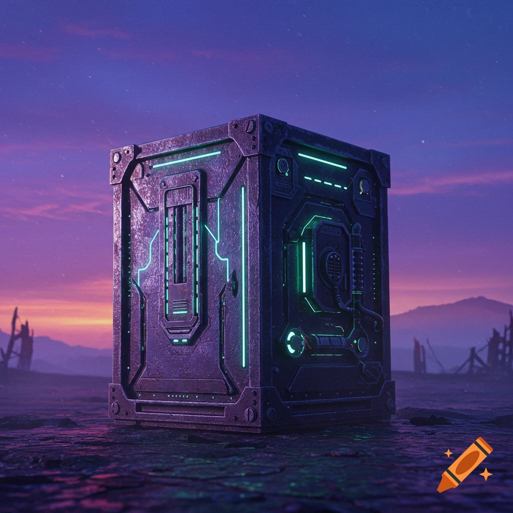 A futuristic metal box with glowing green lights sits in a desolate landscape at sunset.