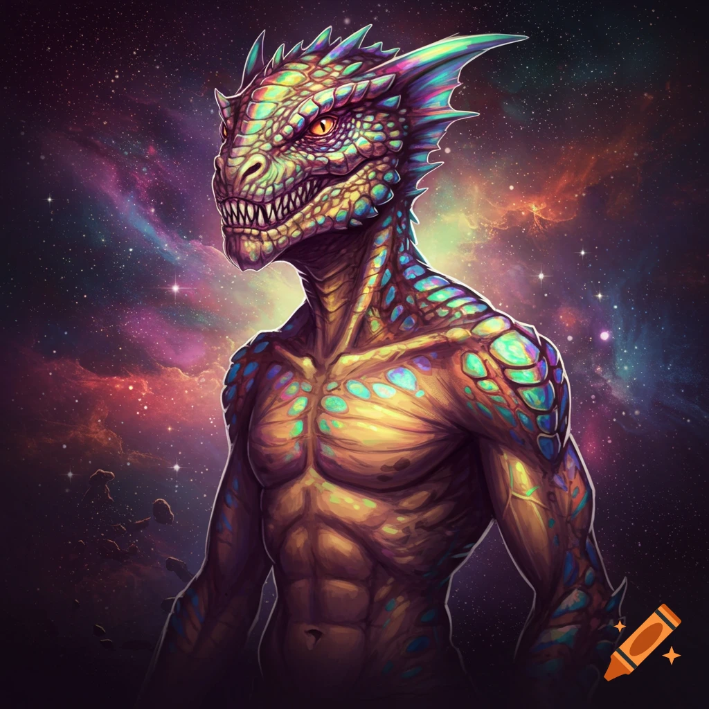 A reptilian humanoid monster with colorful scales standing in front of a galaxy background.