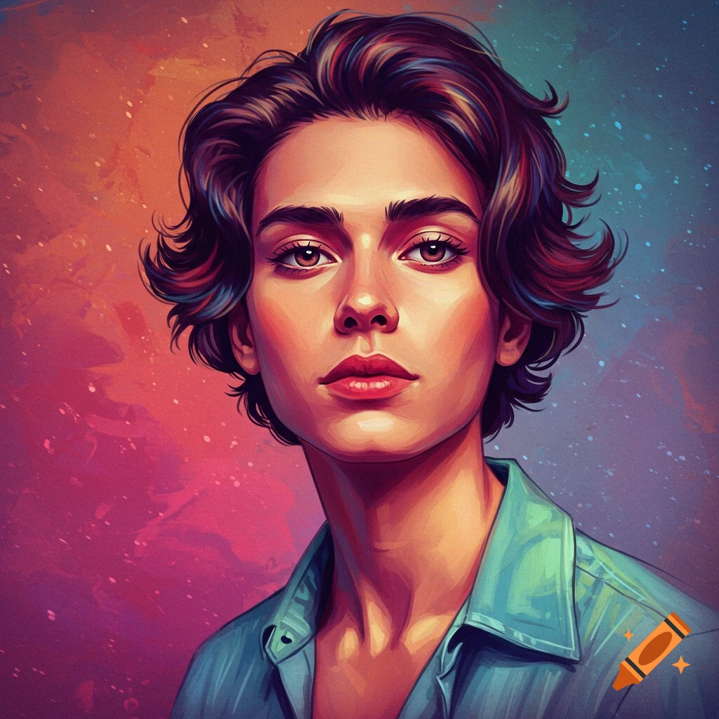 Portrait of a young person with wavy hair and intense eyes against a colorful background.
