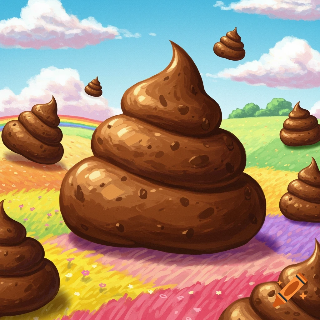 Multiple large, brown poop piles are scattered across a vibrant, rainbow-striped field under a cloudy blue sky in a whimsical scene.