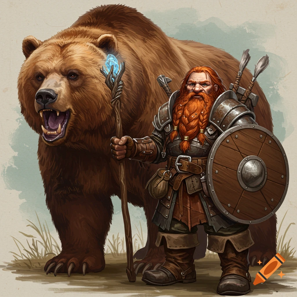 A dwarf with a beard, armor, staff, and shield stands next to a large grizzly bear.