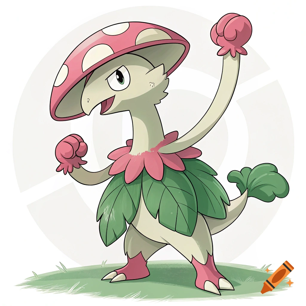 An illustration of the Pokemon Breloom standing on grass, ready to fight.