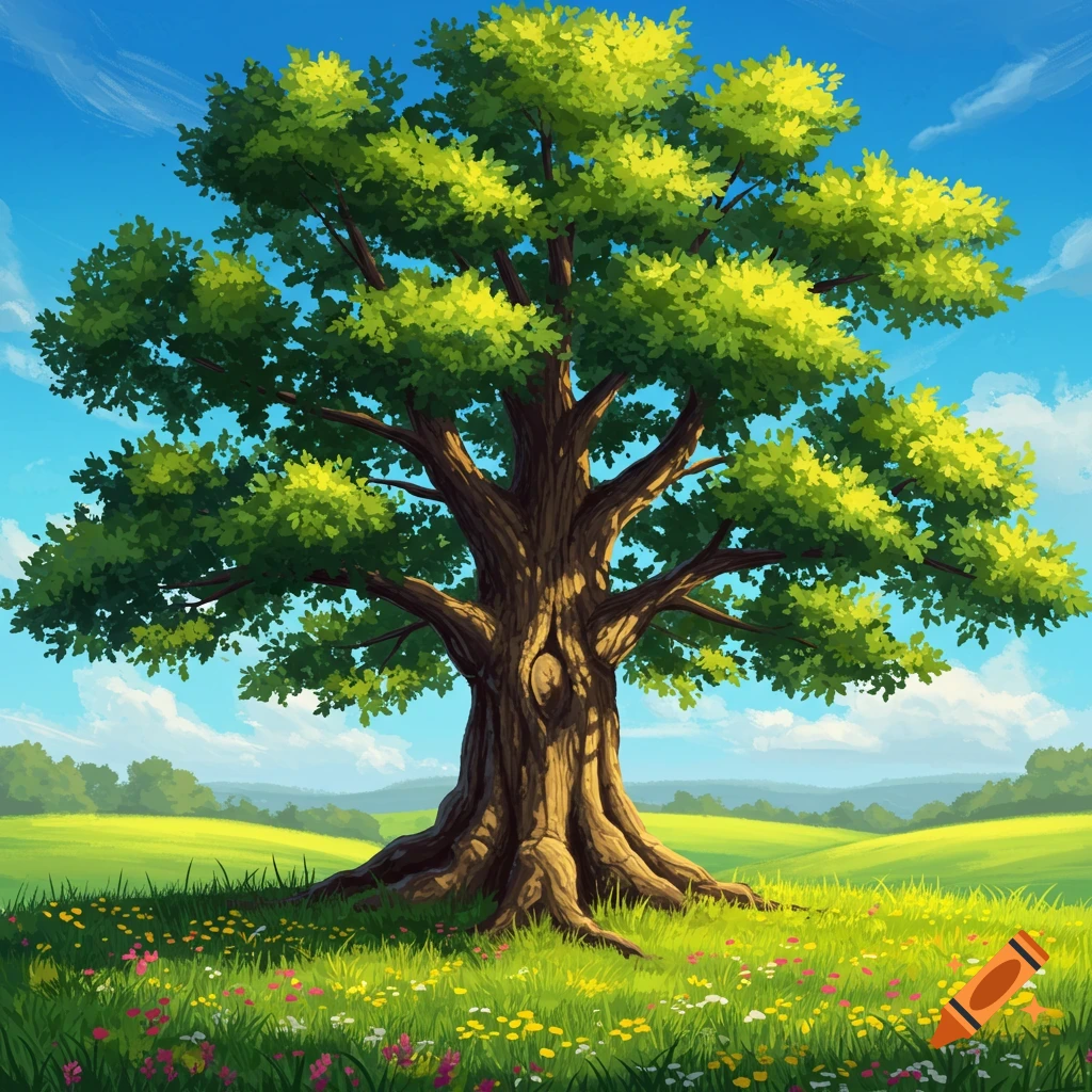 A large tree stands in a grassy field filled with wildflowers under a blue sky with clouds.