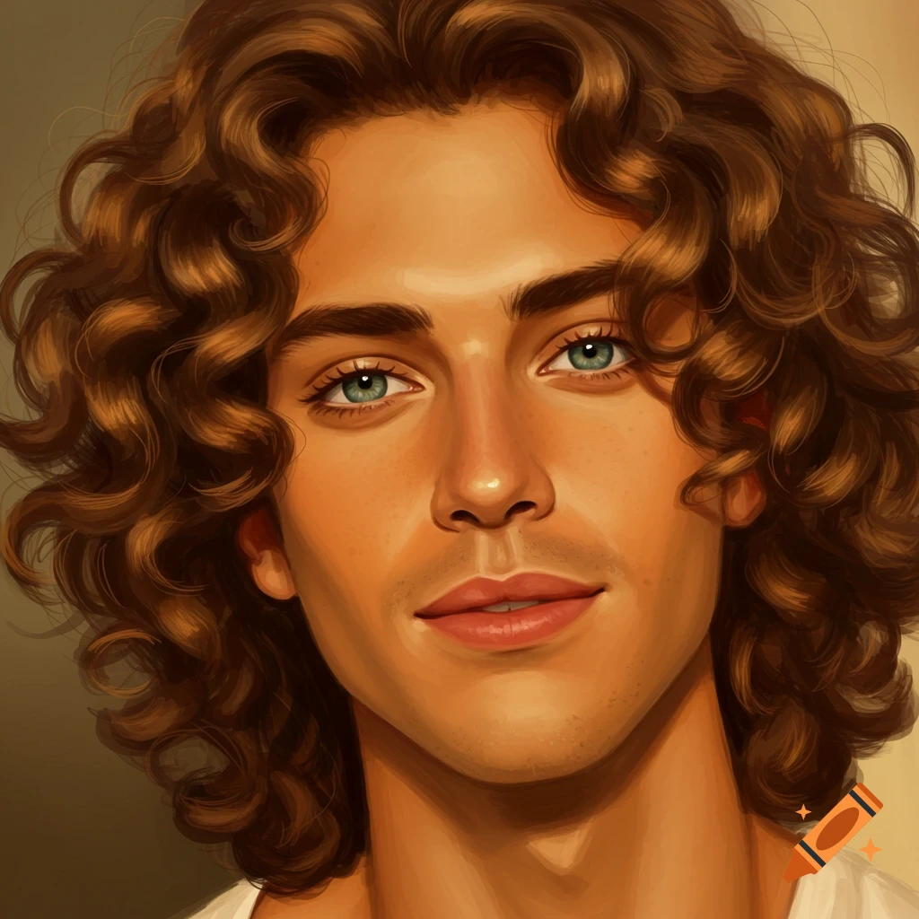 Close-up portrait of a man with curly brown hair and blue-green eyes