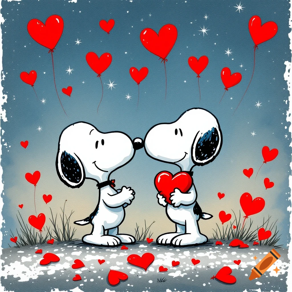 Cartoon dogs nose-to-nose under starry sky with red heart balloons and scattered hearts.