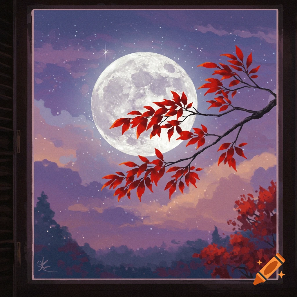A large moon is seen through a window with red autumn leaves on a branch.