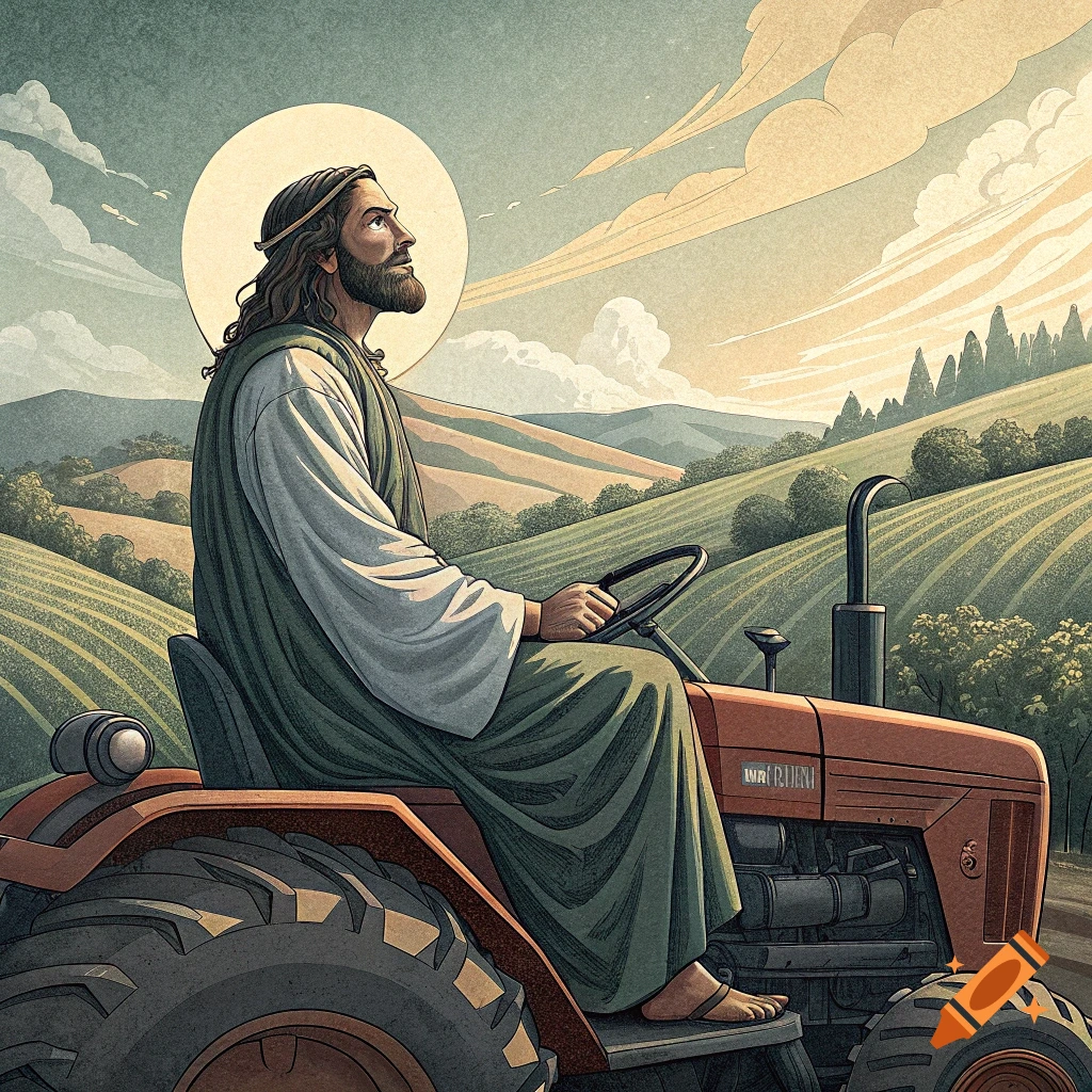 Jesus drives a tractor through a hilly field under a bright sun and clouds in an illustration style.