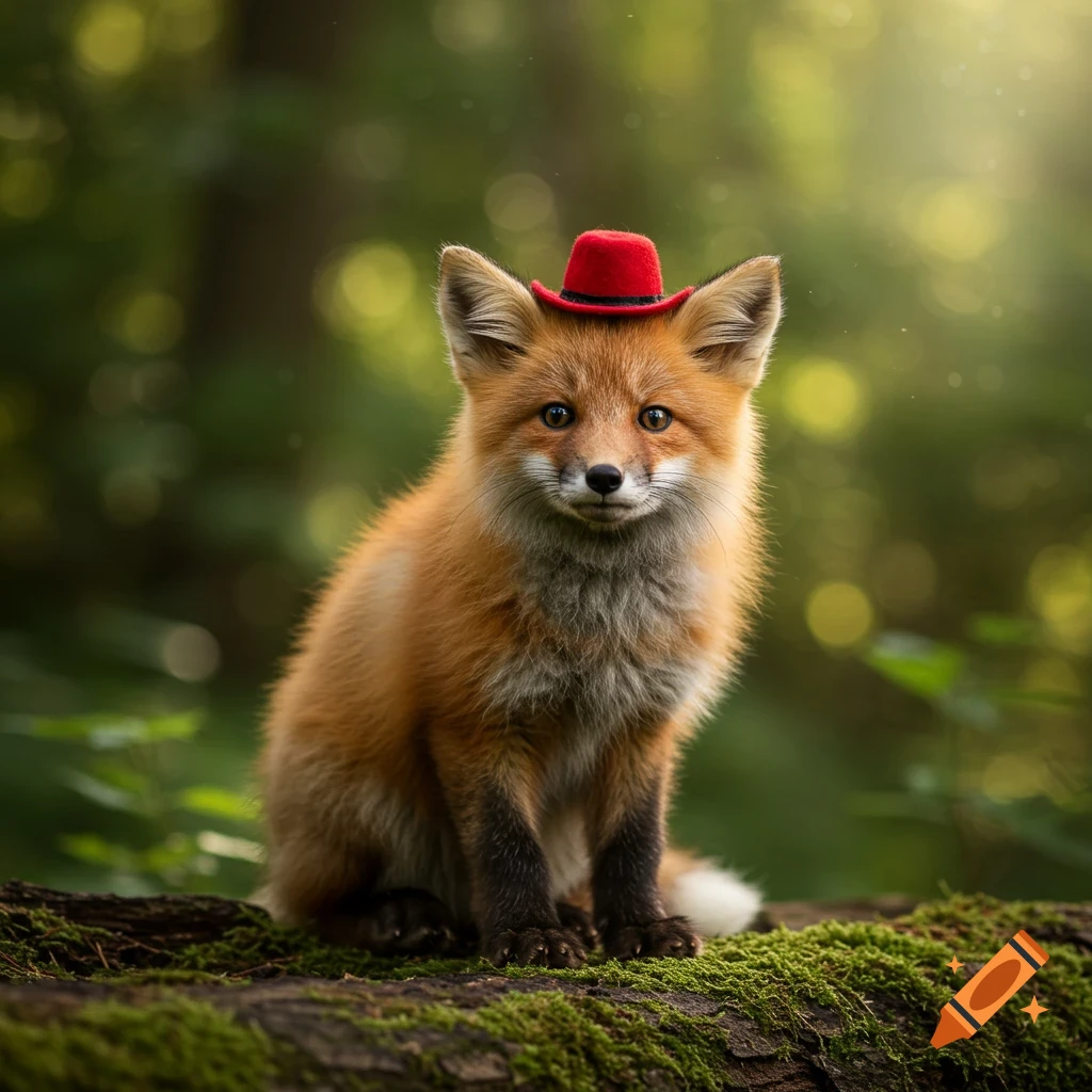 A cute fluffy fox in a red hat sits on a mossy log in a sunlit woodland.