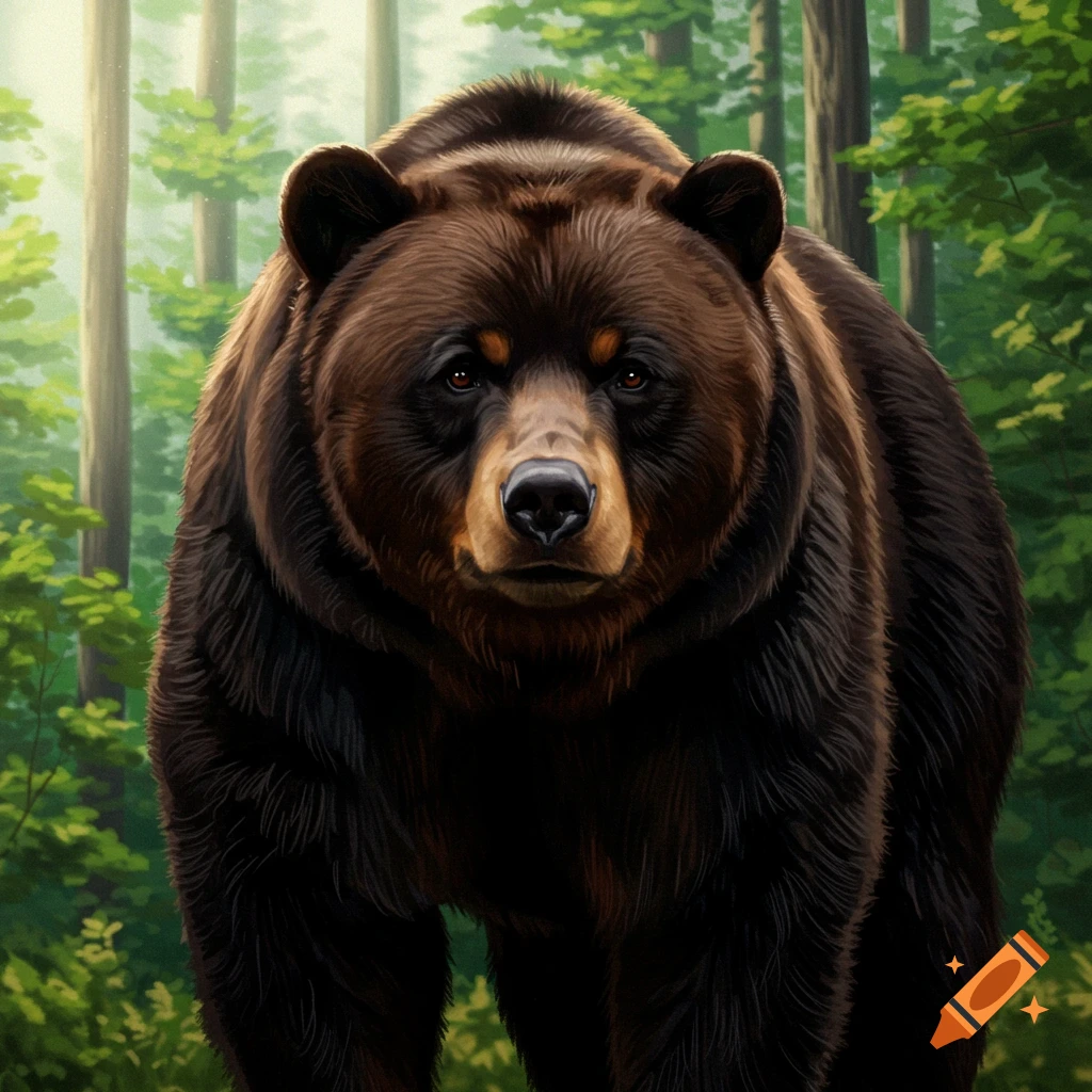 A brown bear standing in a forest.