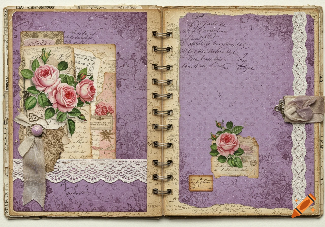 Vintage junk journal spread with purple paper, pink roses, lace, script, and collage elements.