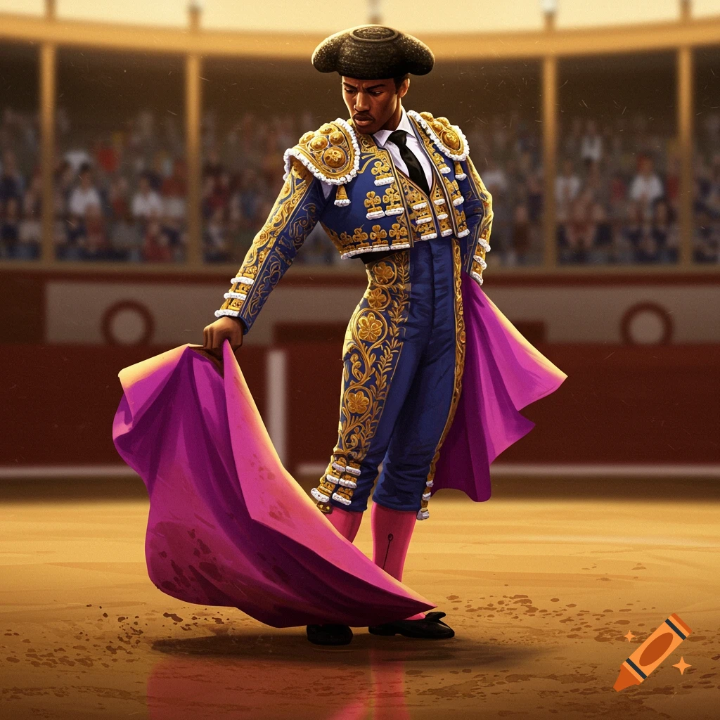 A Black matador in a bullring holding a pink cape.