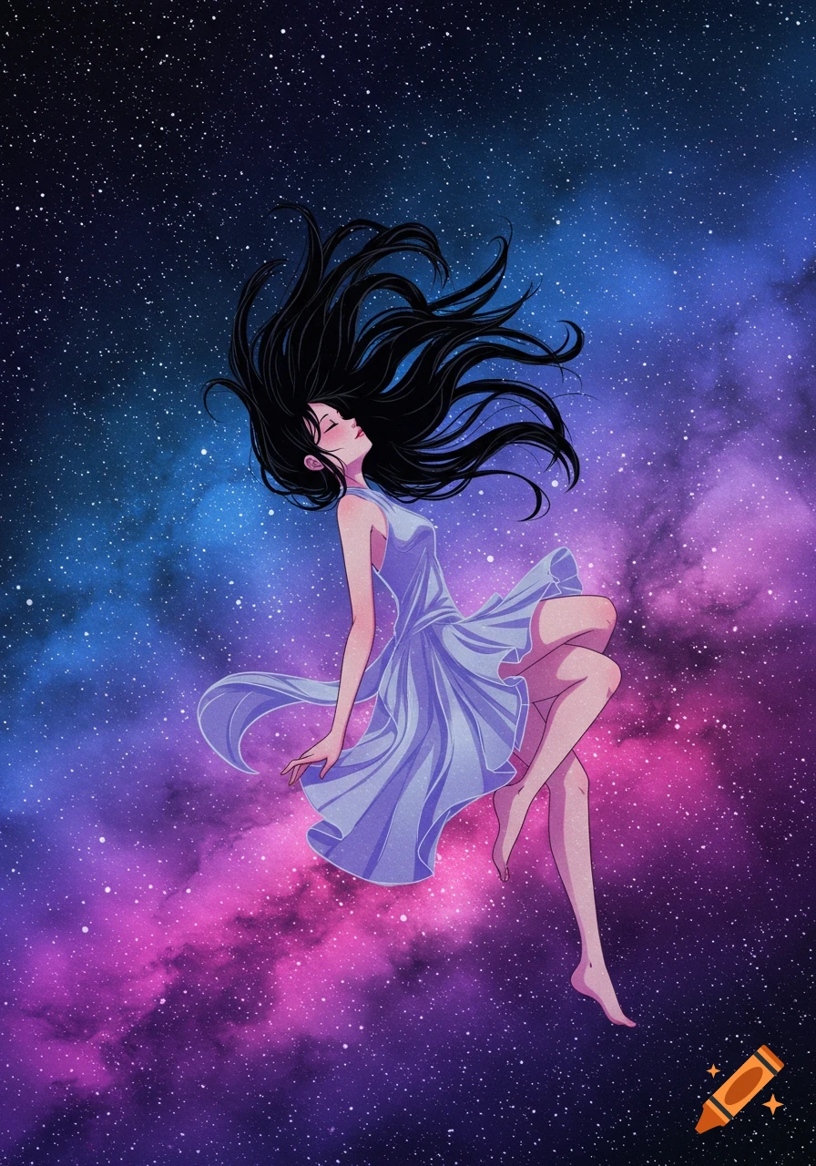 A person floats in a starry blue and pink galaxy.