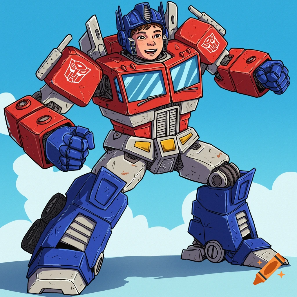 Child in homemade Optimus Prime robot costume in comic book style