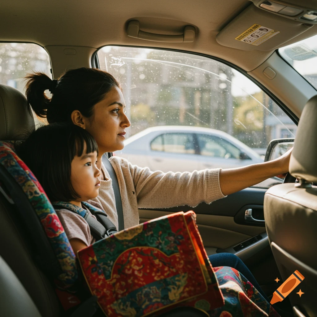 A mother drives a car with her daughter in a car seat in the back.