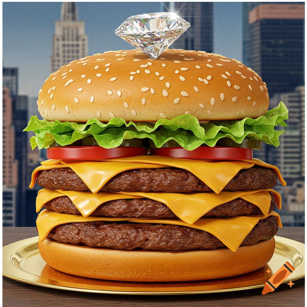 A giant hamburger topped with a diamond sits in front of a city skyline.