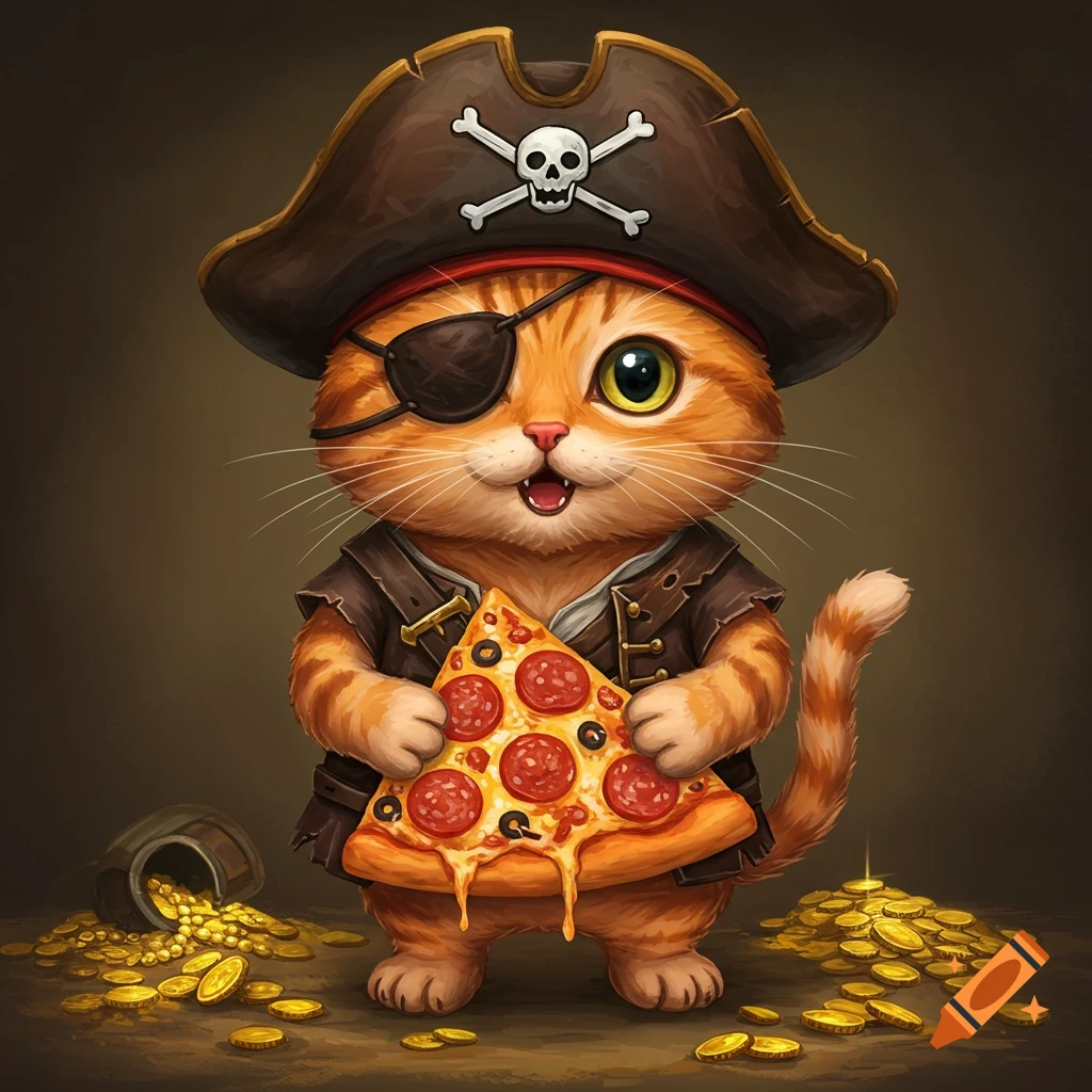 A cute orange pirate cat with an eyepatch and hat holds a slice of pizza, surrounded by gold coins.