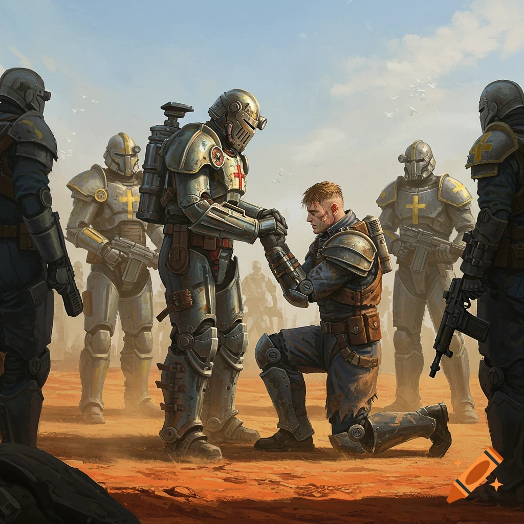 A soldier kneels before an armored figure in a desert scene with other soldiers.