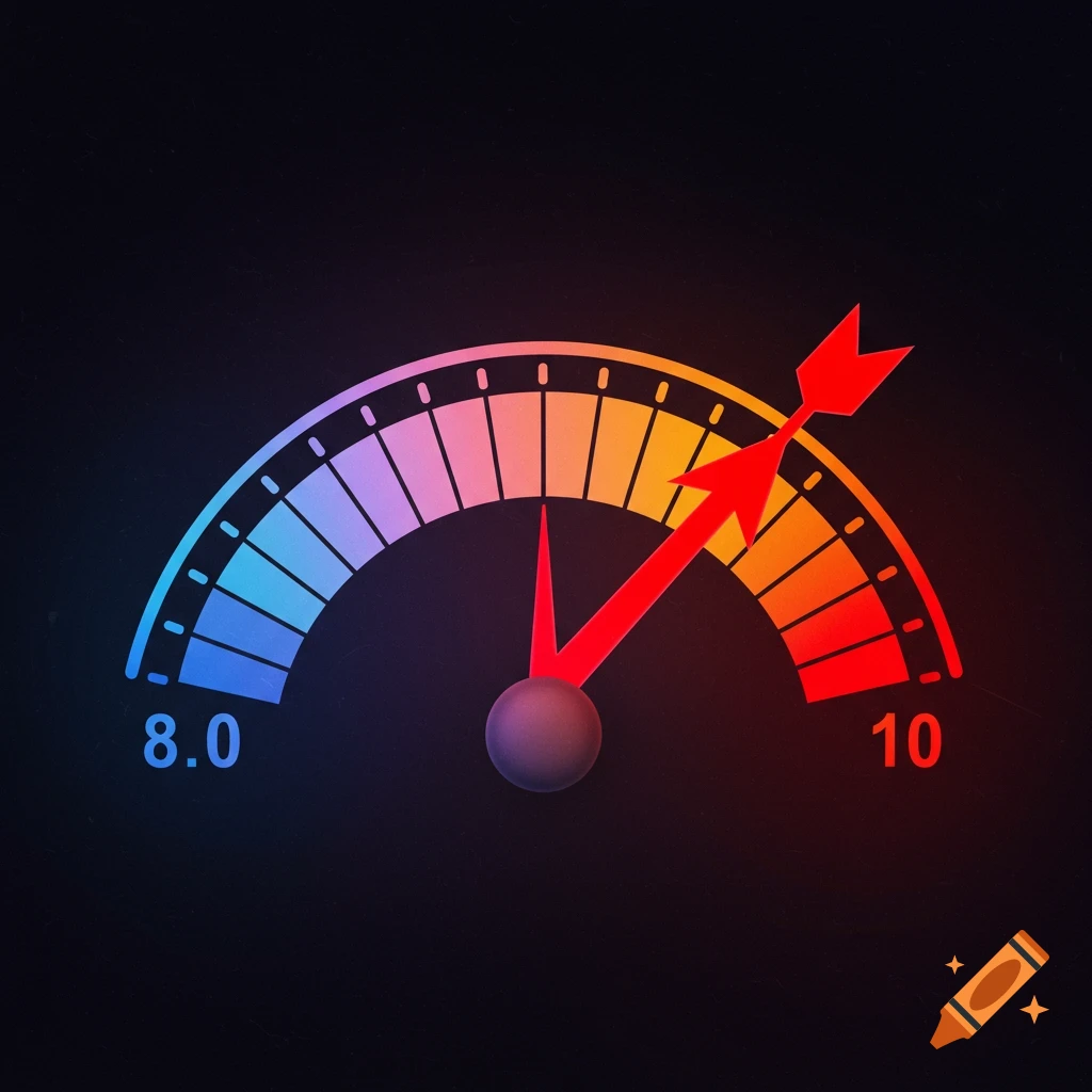A colorful gauge showing numbers 8.0 and 10 with a red pointer arrow