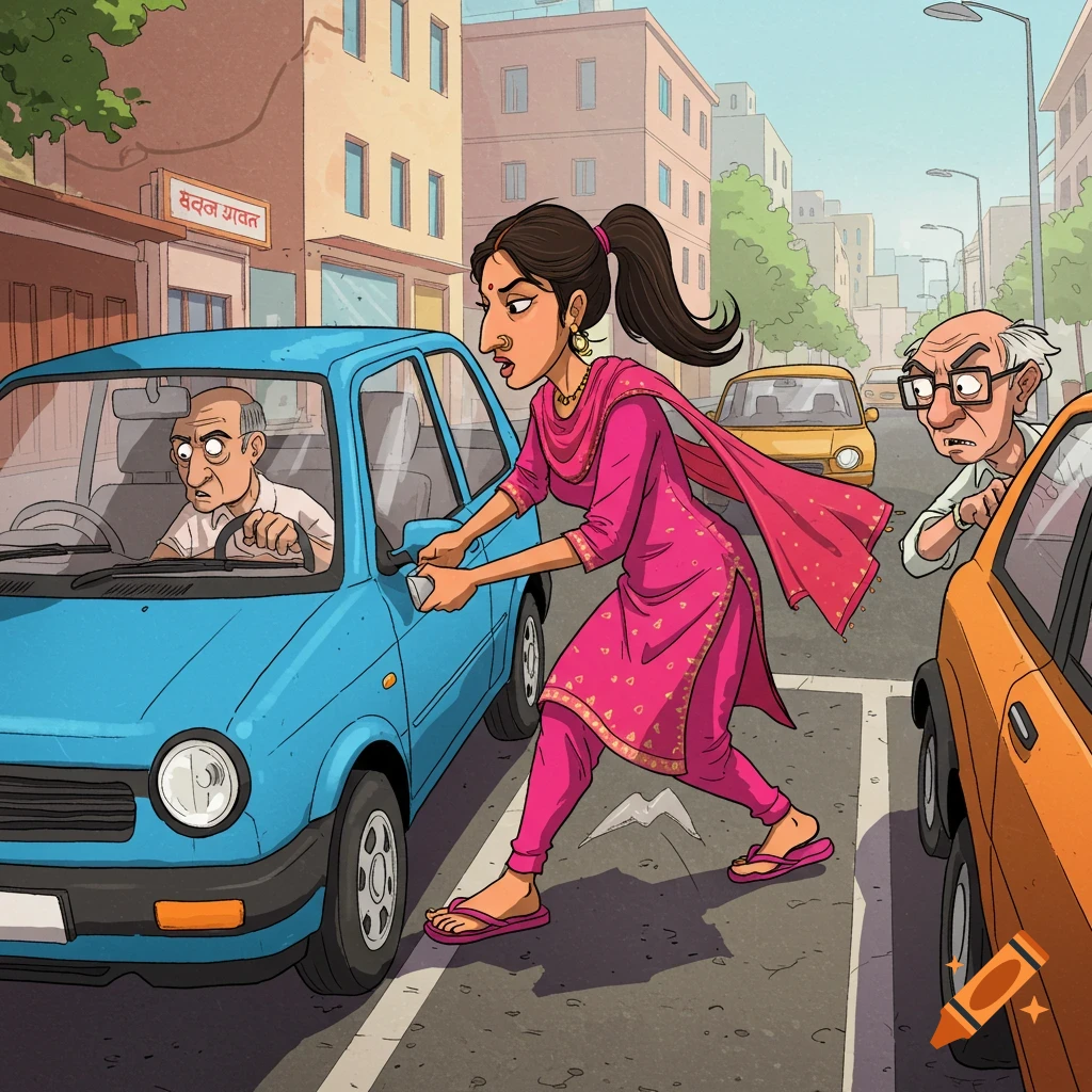Cartoon depicting a woman opening the door of a blue car while an older man in an orange car watches in a city street.