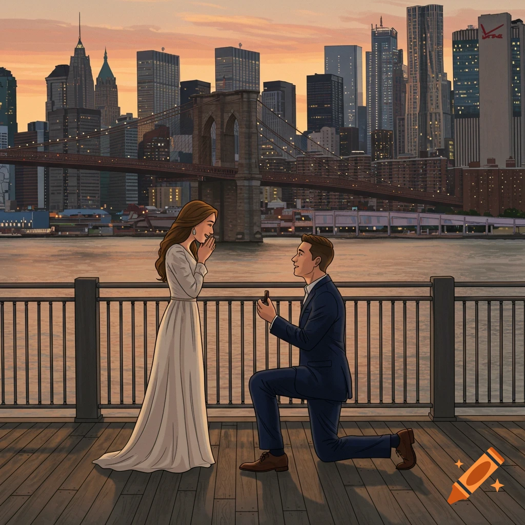 A man proposes to a woman on a pier with the Brooklyn Bridge and New York City skyline in the background, digital art.