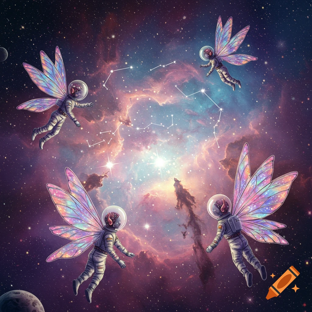 Four astronauts with colorful fairy wings floating in a cosmic nebula and star field.