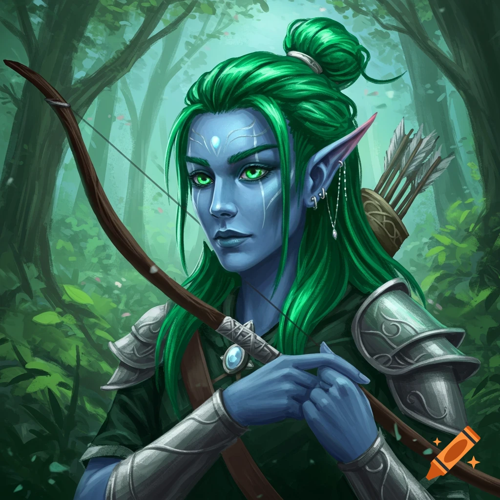 A blue-skinned elf with green hair holds a bow set in a forest.
