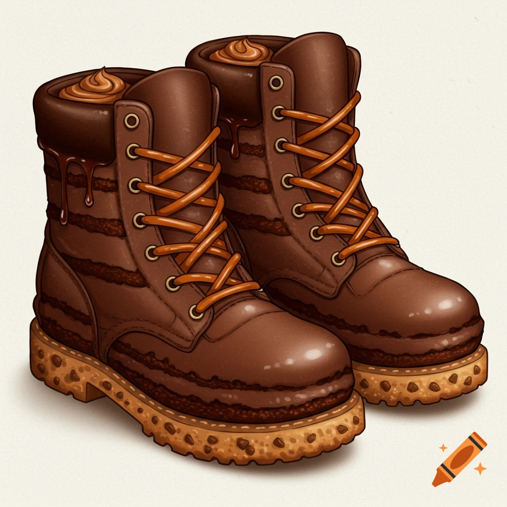 Brown boots made of chocolate cake with frosting.