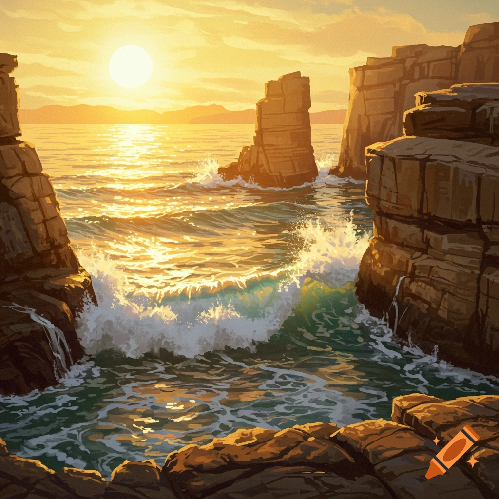 Sunlit waves crashing on rocky coasts at sunset