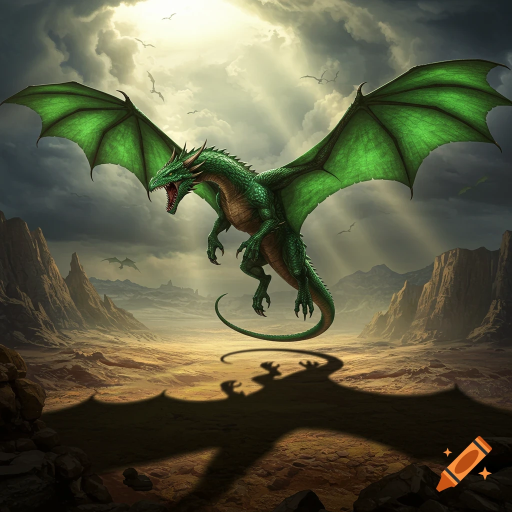 A green dragon flying over a desert casting a large shadow