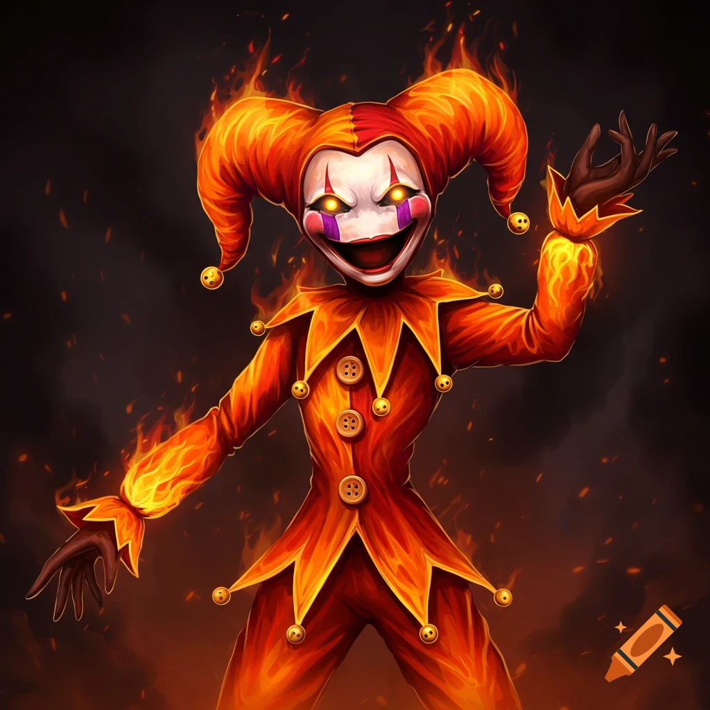 A puppet jester engulfed in flames.