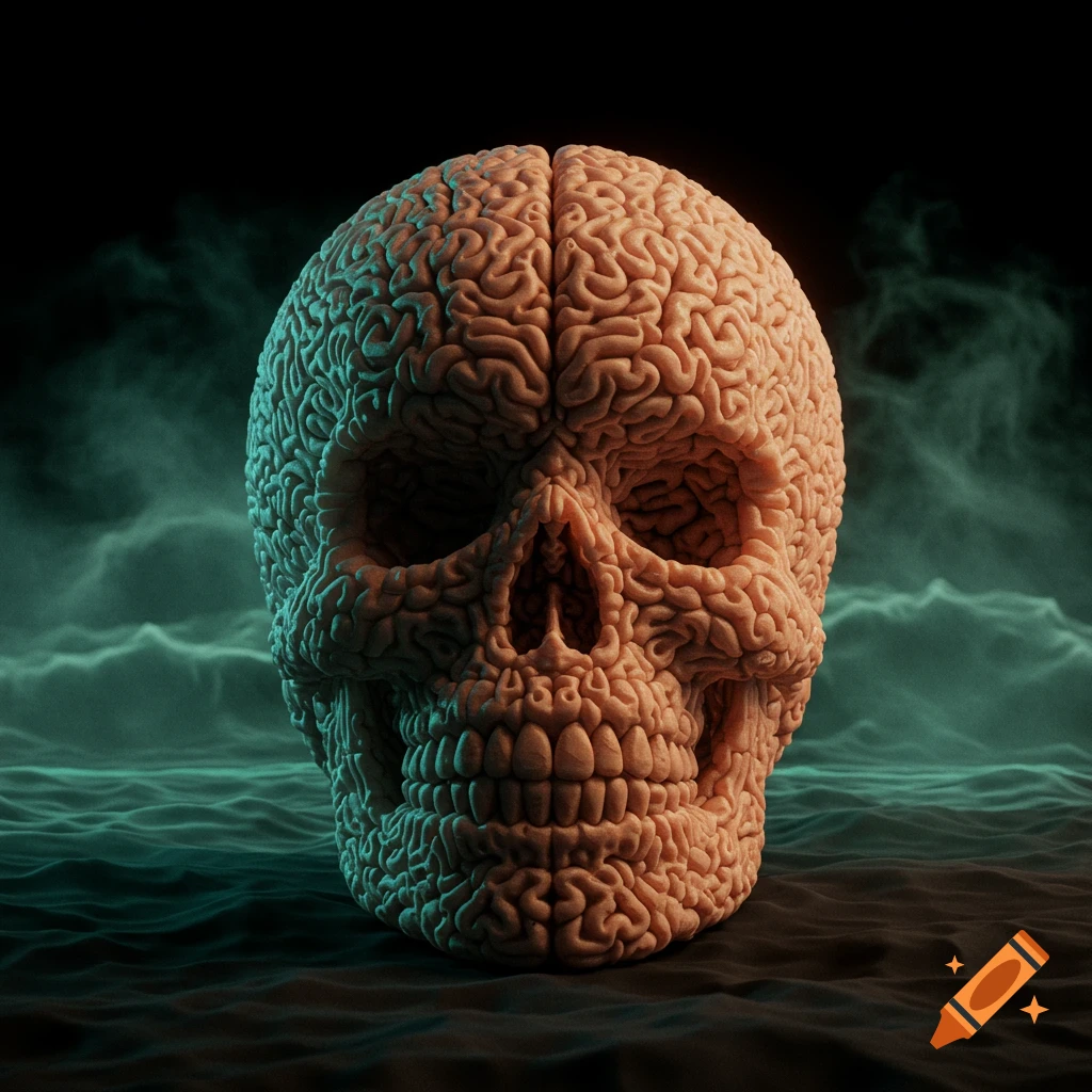 A skull made of brain tissue against a dark background with green smoky waves.