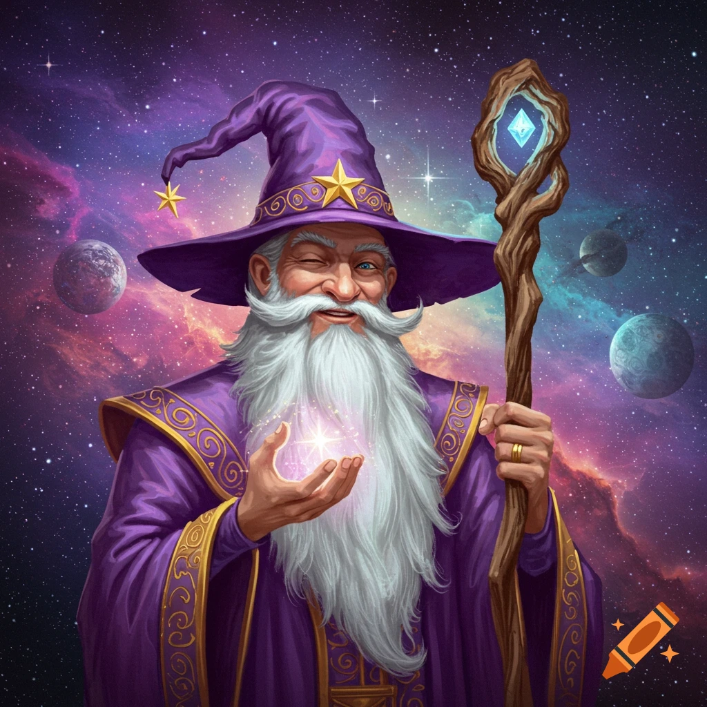 A winking wizard holding a glowing orb and staff in space.