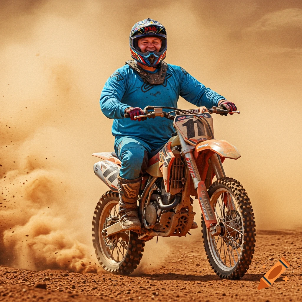 A person on a dirt bike kicks up dust while riding on a track.