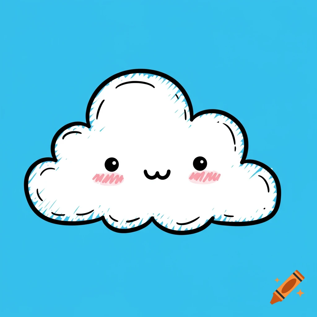 A cute cartoon cloud with a face and pink cheeks, drawn in a scribble style on a blue background.