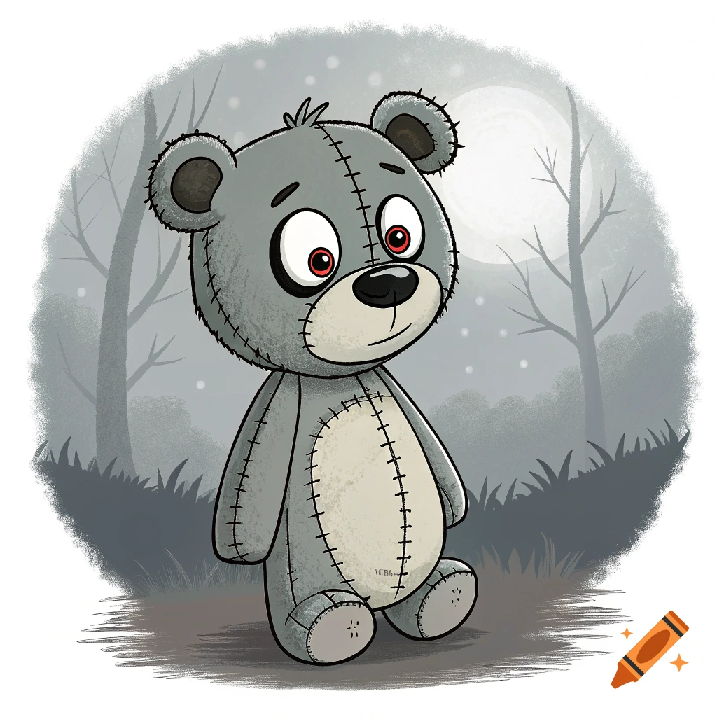 Illustration of a gray stitched teddy bear with red eyes in a dark forest under a full moon.