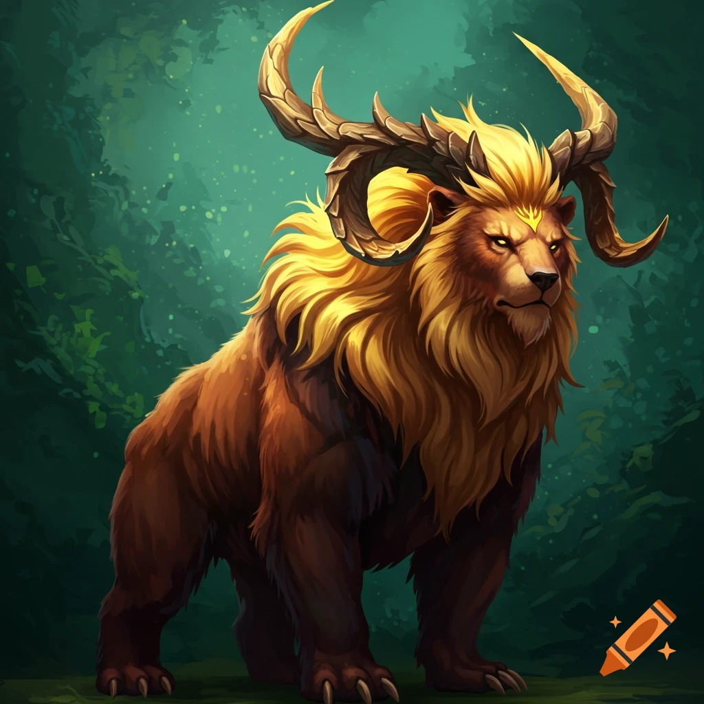 A furry bear-lion creature with large horns stands in a forest.