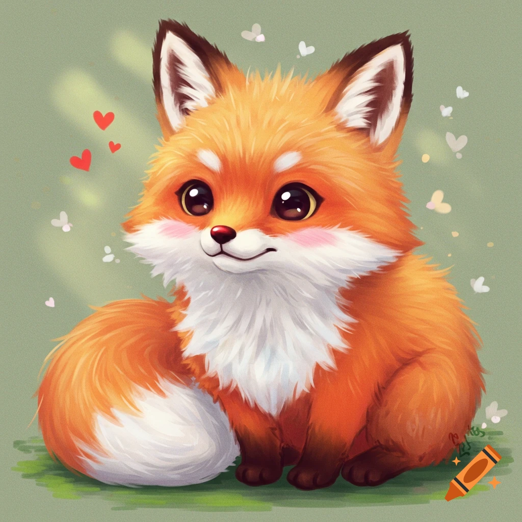 A cute sitting fox with hearts and sparkles.