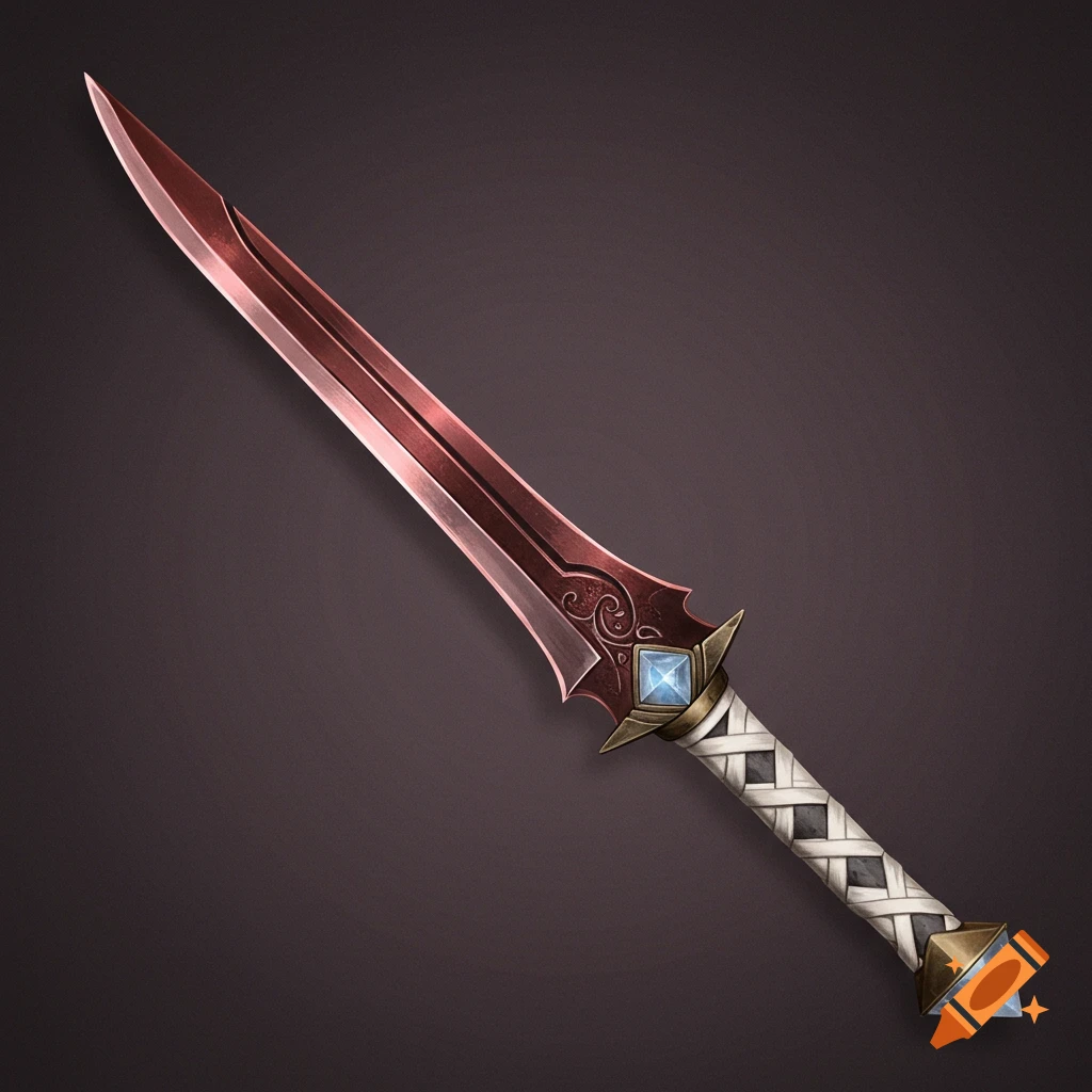 A fantasy sword with a red blade, white wrapped handle, and blue gemstone accents.