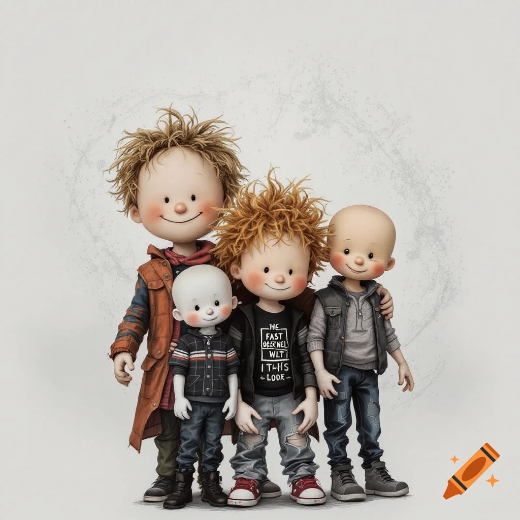 Four stylized figures resembling kids or dolls stand together. One has text on their shirt.