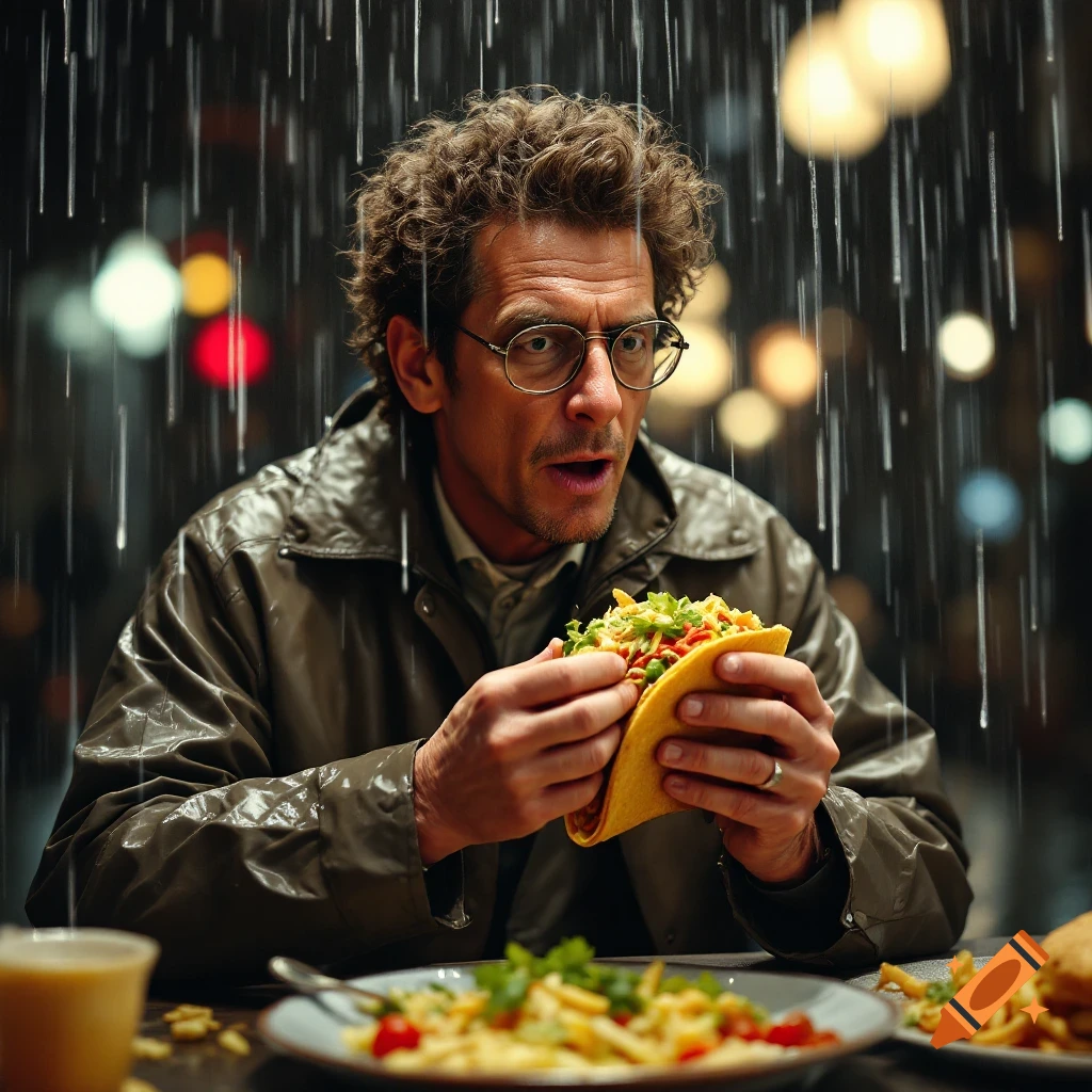 A man like Jeff Goldblum in a raincoat eats a taco in the rain.