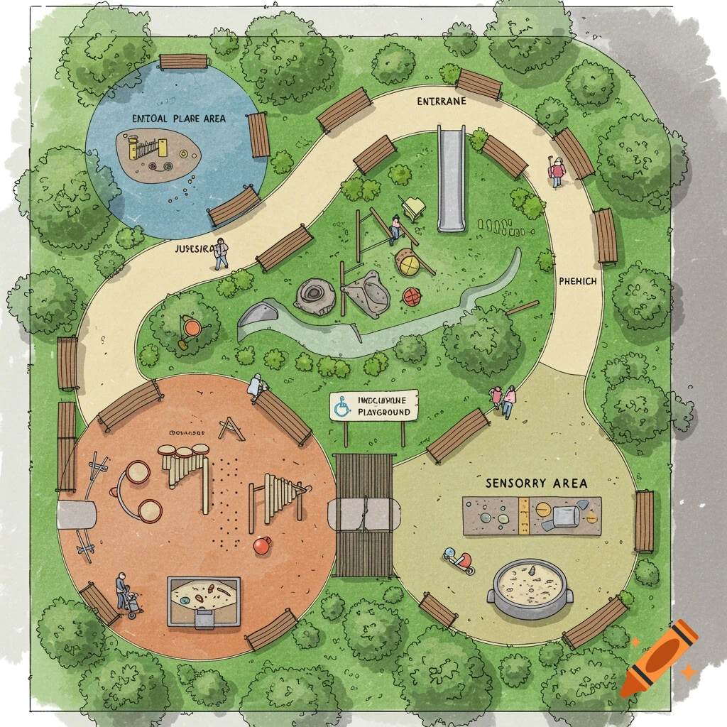A bird's eye view sketch of a playground layout with different activity areas and paths.