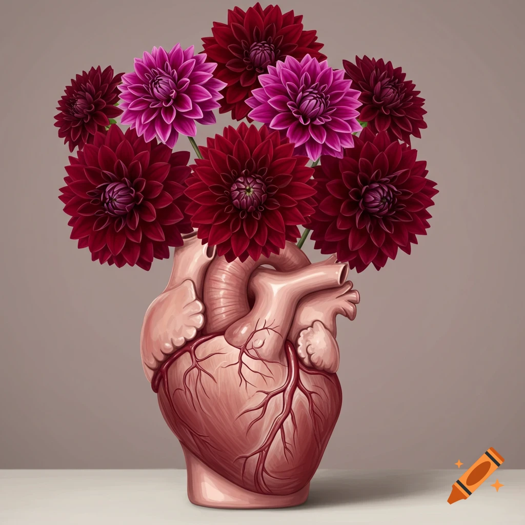 An anatomical heart is used as a vase, holding red and purple dahlias.