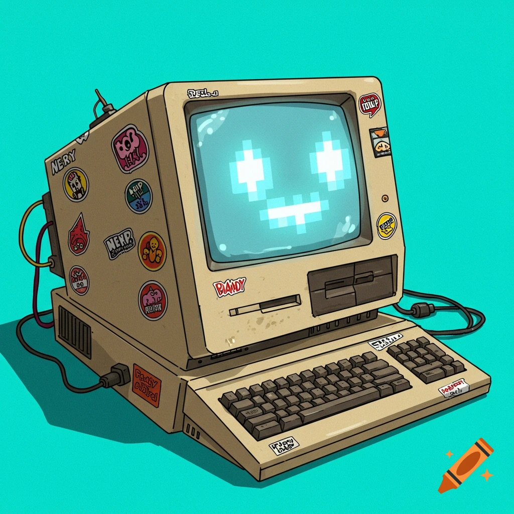 A retro computer with a pixelated happy face screen and stickers