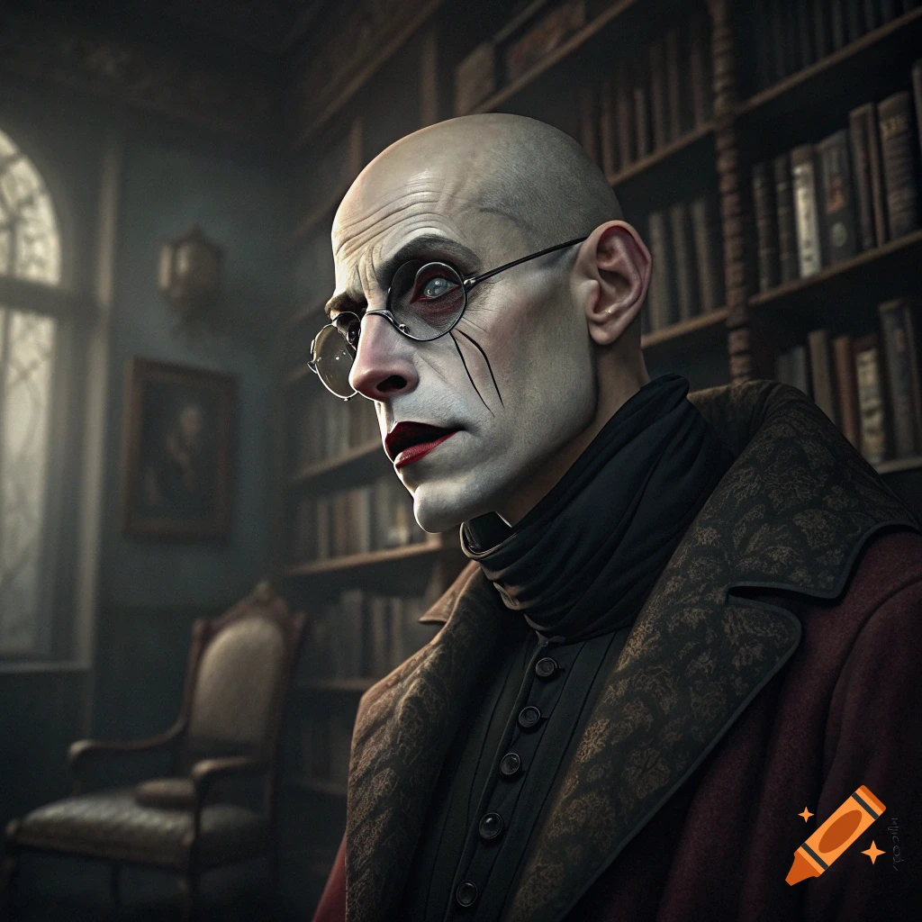 Portrait of a bald man in gothic makeup and historical clothing in a library.