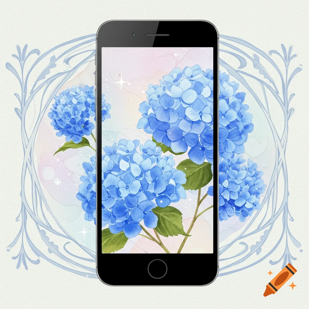 A smartphone displays a watercolor painting of blue hydrangeas with a decorative frame.